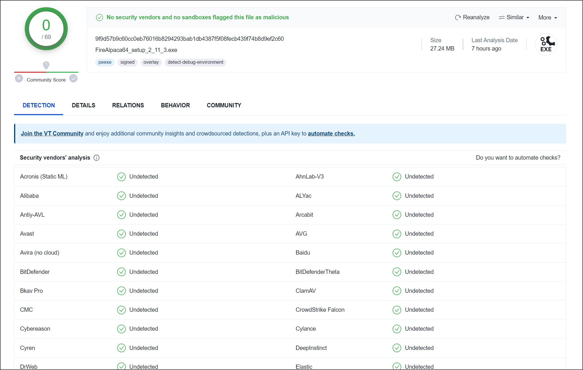 VirusTotal 바이러스 검사 사진, 50개의 플래그 항목