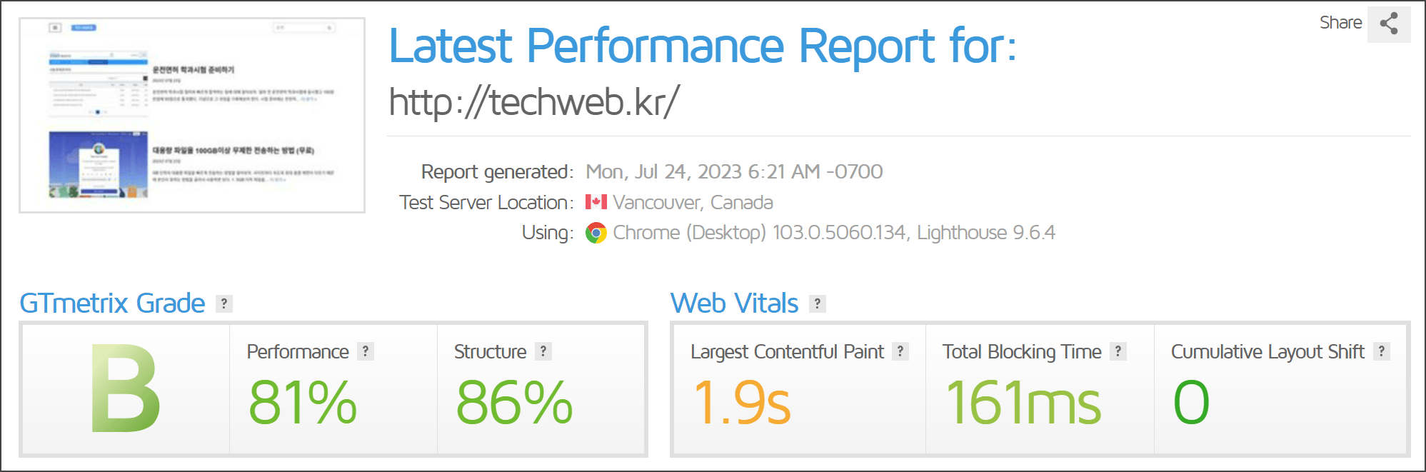 gtmetric 결과, 성능 81%, 구조 86%, 가장 큰 컨텐츠 1.9초, 지연 시간 161ms