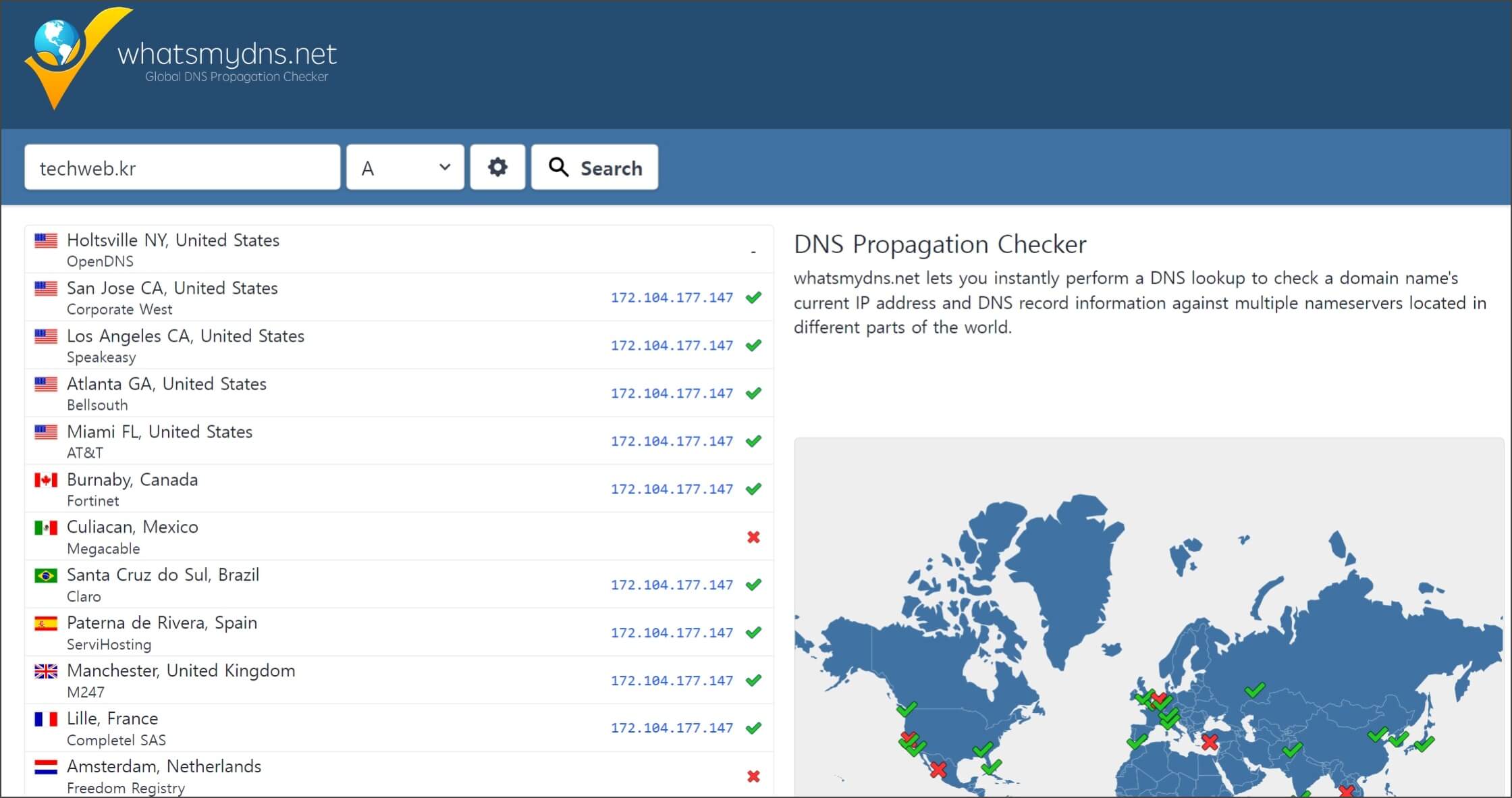 whatsmydns의 dns 전파 상태 확인창, 캘리포니아에 빨간불이 들어와있다