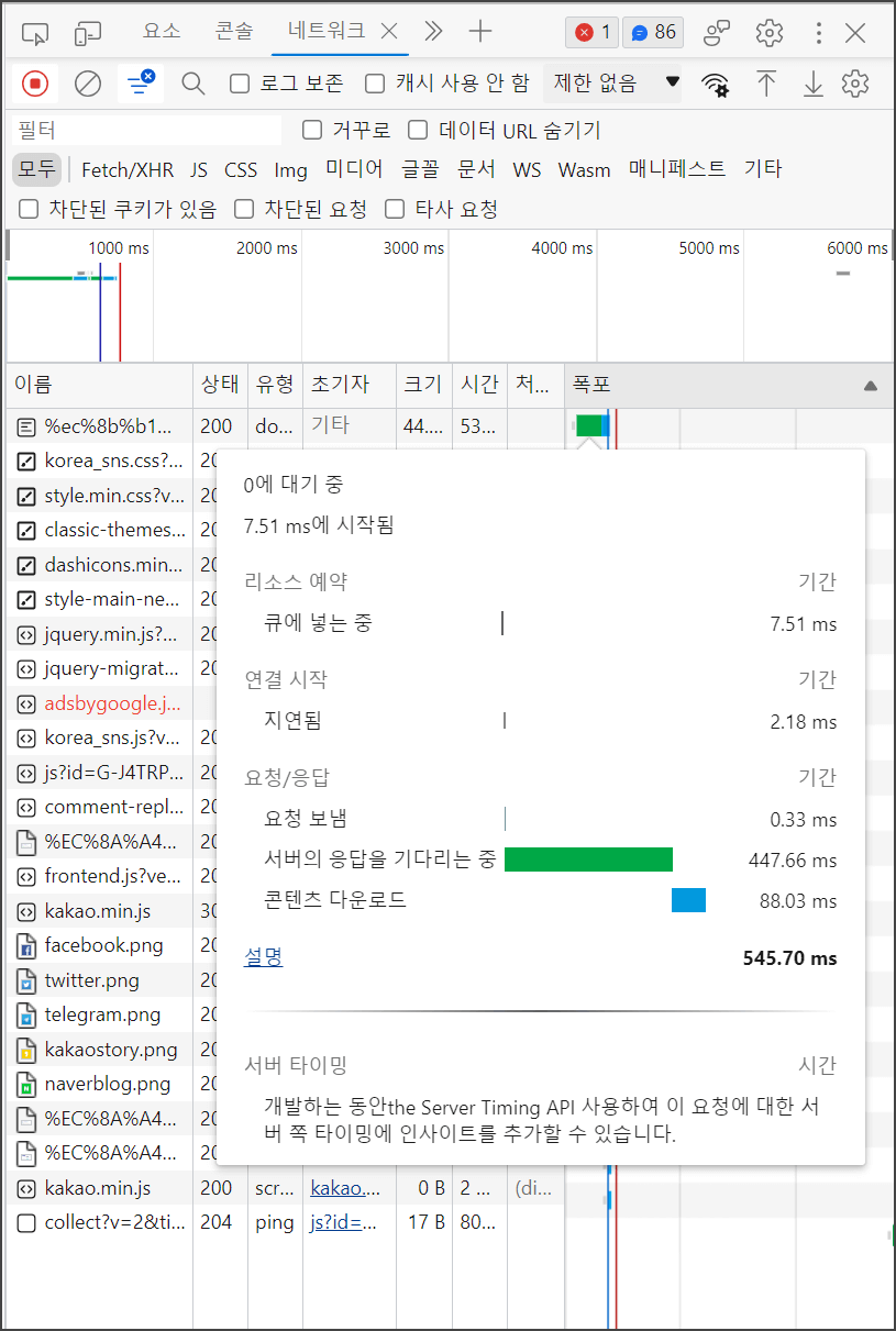 초록색 막대그래프 서버 응답 시간, 파란색 막대그래프 콘텐츠 다운로드 시간